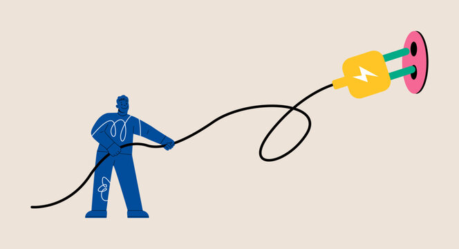 Electricity saving concept. Man pulling electric cord to unplug. Colorful vector illustration