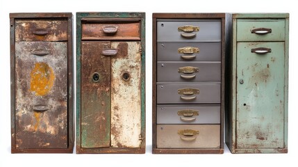 Metal File Cabinet Isolated. Vintage Funky Office Furniture Object with Worn Look