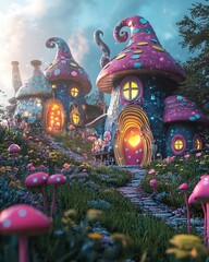 Enchanting Digital of a Vibrant Whimsical Mushroom Village Landscape