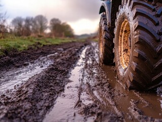 Heavy-duty tires in muddy conditions on a rural dirt road during overcast weather highlight the challenges of off-road journeys