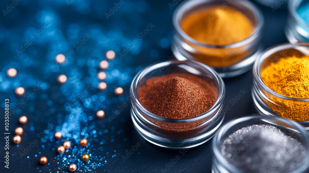 Poster a captivating array of colorful powders and shimmering glitters is arranged in small jars on a dark 