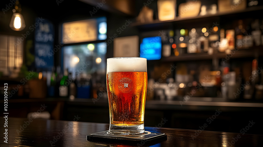 Poster a refreshing pint of beer on a bar counter with a blurry background of bottles