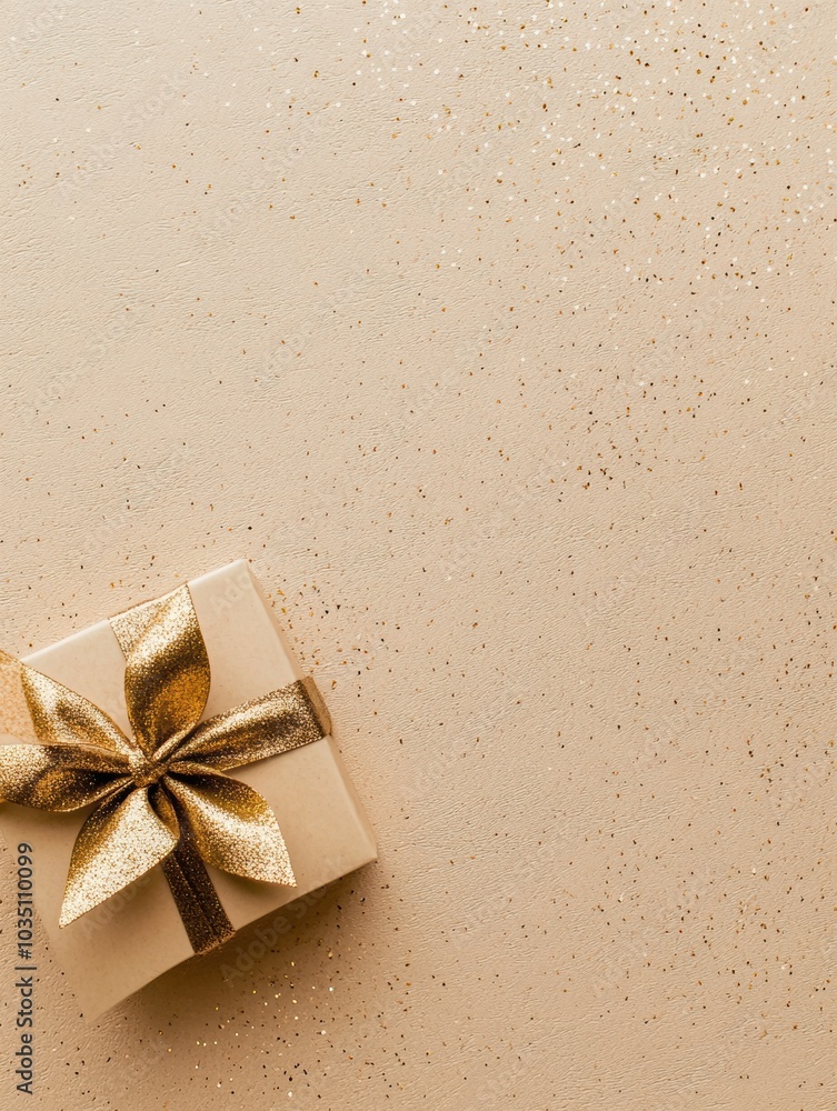 Poster a charming gift box featuring a golden bow rests in the corner of a textured light backdrop, perfect