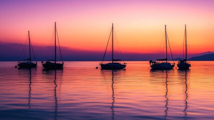 Serene Sunset with Sailboats on Calm Water