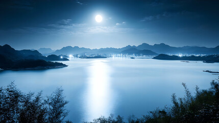 Obraz premium Moonlit Cityscape Over Water: A Serene Nighttime View of Mountains, Water, and a Distant City
