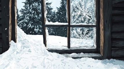 A Window View of a Snowy Winter Forest