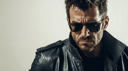 Fototapeta premium serious looking man wearing sunglasses and leather jacket, exuding tough demeanor and confidence. His intense expression adds to overall dramatic effect