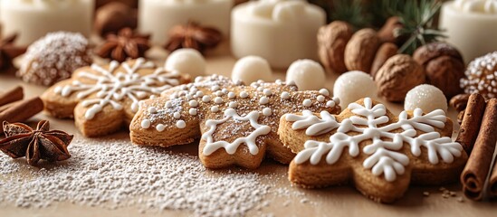 Gingerbread cookies with white icing in festive star and snowflake shapes, ideal for Christmas baking projects, holiday decorations, and seasonal marketing.