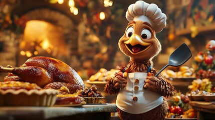 A playful cartoon turkey dressed as a chef, holding a spatula, with a big smile, standing next to a fully prepared Thanksgiving dinner table with a roasted turkey, pies, and side dishes,