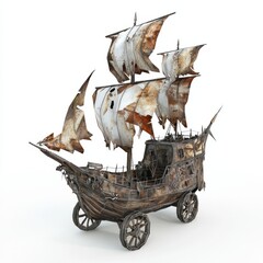 3D Render, Low Poly style of a cursed pirate ship on wheels with skeletal crew, on isolated white background