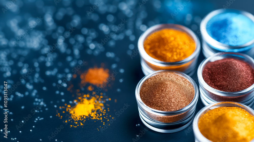 Poster colorful pigments are neatly placed in metal containers on a dark surface, with vibrant hues creatin