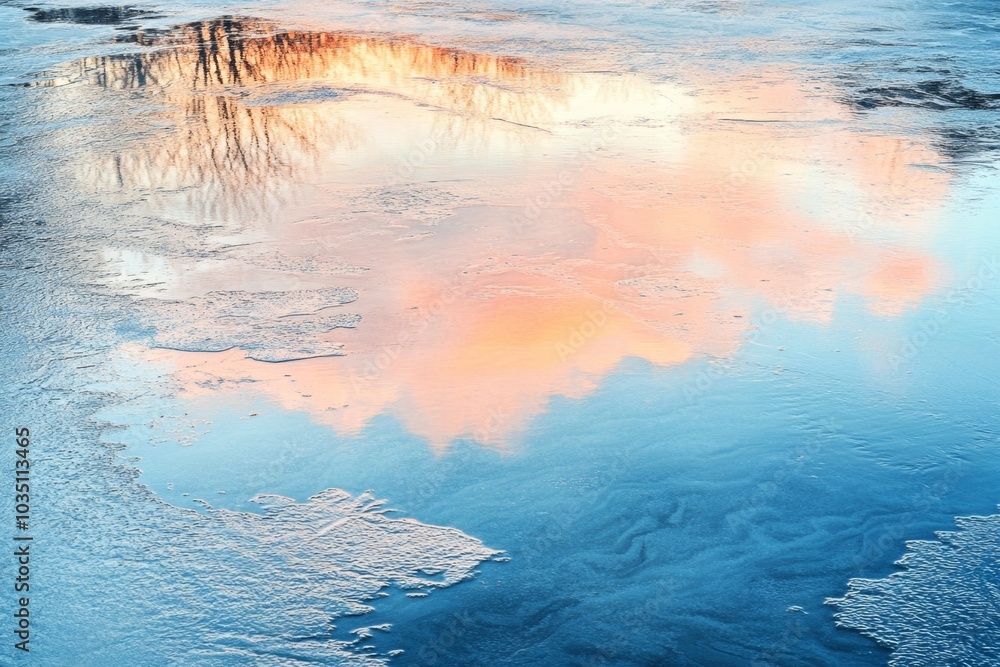 Poster reflection of colorful clouds on a calm winter lake at twilight creating beautiful patterns in the w