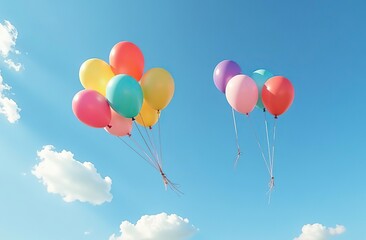 Brightly colored balloons and confetti floating in a blue sky	
