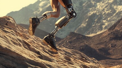 A runner moves swiftly across rugged rocks, showcasing the capabilities of advanced prosthetics. The warm glow of sunset highlights the landscape, emphasizing movement and determination.
