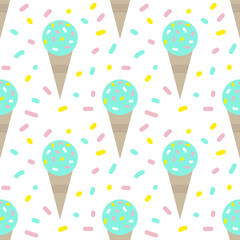 Tasty ice cream flat cartoon seamless pattern on white background. Vector illustration. Sweet sticker for street food, confectionery, bar, restaurants, snacks.