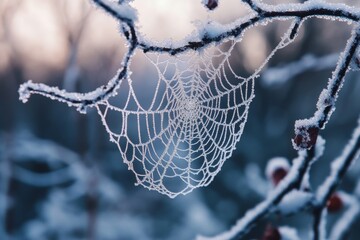Delicate frost-covered spider web glistens on a branch during a chilly winter morning in a serene landscape
