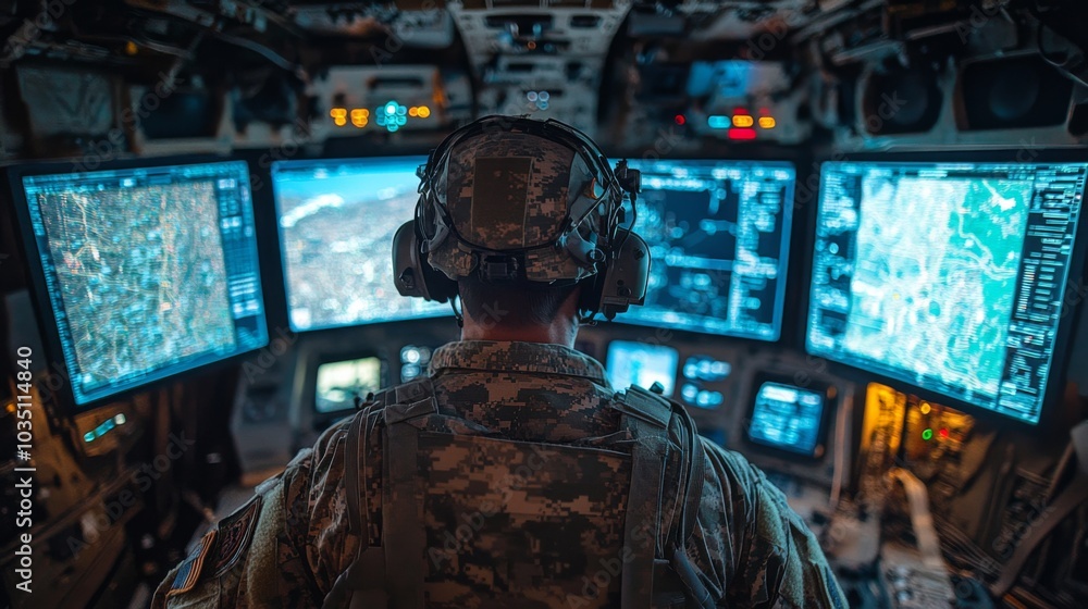 Poster A soldier sits focused at a workstation surrounded by multiple high-tech monitors, analyzing data and coordinating operations during a nighttime mission.