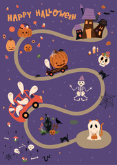 Halloween map, maze or labyrinth game card or invitation to the party. Cute vector ghosts, pumpkin, hunting house, road, way, car, skeleton. Kids education puzzle of find way through cartoon elements.