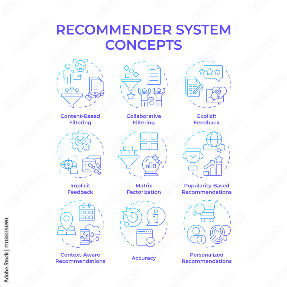 Poster recommender system blue gradient concept icons. artificial intelligence, deep learning. personalized