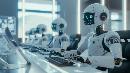 Robot working at a computer desk