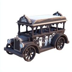 3D Render, Low Poly style of a haunted hearse with ghostly designs, on isolated white background