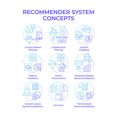 Recommender system blue gradient concept icons. Artificial intelligence, deep learning. Personalized content. Icon pack. Vector images. Round shape illustrations for article, blog post. Abstract idea