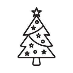 Decorated Christmas tree icon with star and ornaments in outline style