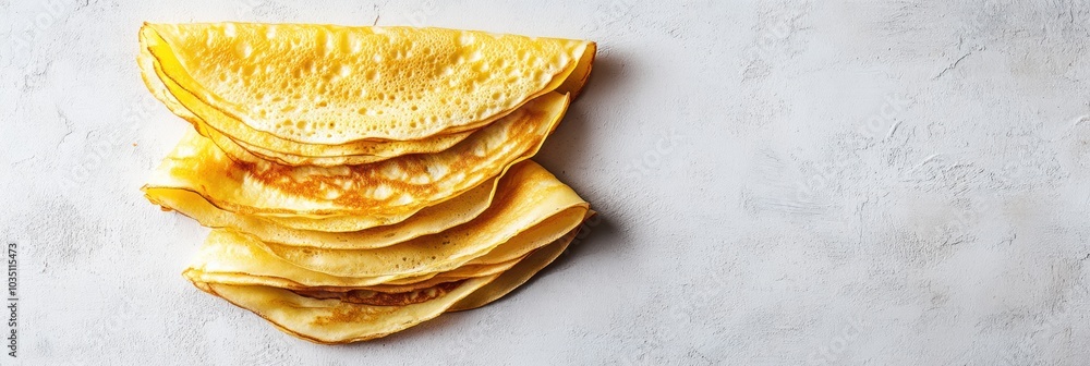Poster A stack of warm, golden crepes sits invitingly on a smooth surface, ideal for serving with sweet or savory toppings. Generative AI