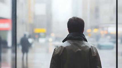 Rainy Day Reflections: A Man Gazing Out Through a Window, Contemplating the City