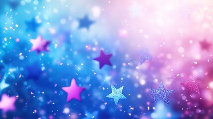 A colorful, dreamy background featuring stars and bokeh effects in blue and pink hues.