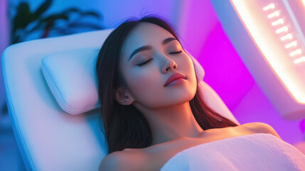 Fototapeta premium Futuristic beauty ai-enhanced skincare treatment under smart led for a radiant glow