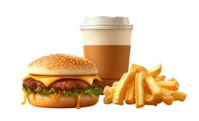 Fast food burger, fries, and drink, isolated on white background