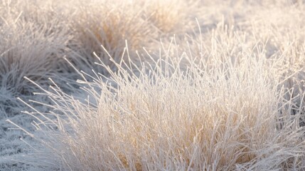 Delicate grasses, coated in frost, sparkle under the soft morning sun in a peaceful winter meadow. The landscape exudes serenity as the cold air enhances the beauty of nature frost-kissed canvas.
