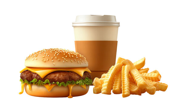 recommend clip art: Fast food burger, fries, and drink, isolated on white background