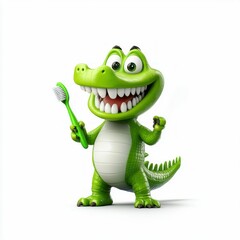 Cartoon crocodile holding a toothbrush on white background