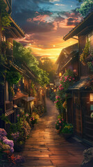 Obraz premium Small town streets and houses at sunset