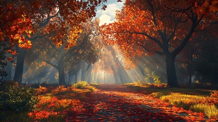 A serene autumn day with leaves cascading from the trees, the ground covered in a colorful carpet of reds and oranges, soft golden sunlight streaming through the trees,