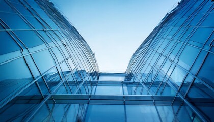 Obraz premium A stunning architectural shot showcases sleek glass structures with a bright blue sky overhead, emphasizing modern design and transparency.