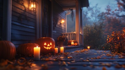 Obraz premium Spooky Halloween Porch with Jack O Lantern Candles and Autumn Leaves