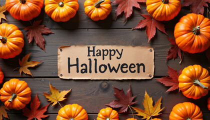 A top-down view of an arrangement of small pumpkins and fall leaves surrounding a piece of parchment with the text "Happy Halloween" written on it. The background is a rustic wooden surface.