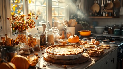 A Thanksgiving baking table filled with ingredients for pumpkin pie, cinnamon, nutmeg, and cloves, with pies in the oven, cookies cooling on racks,