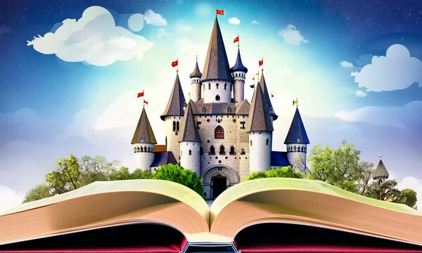 Fairytale castle emerging from an open book with a vibrant blue sky and greenery for a magical story concept