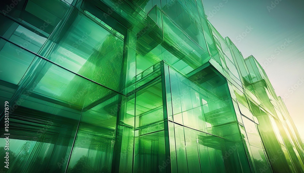 Poster a modern architectural structure features green translucent materials reflecting light, creating a s