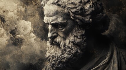 Stone Sculpture of a Man s Face with Dramatic Lighting and Cloudy Background