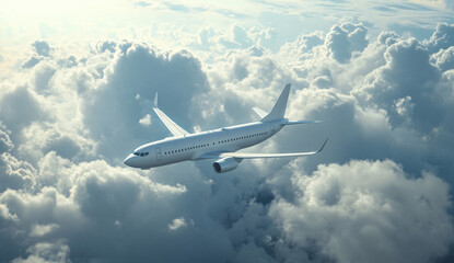 Naklejka premium Airplane in the flight, travel background with airplane flying in the blue sky over the clouds. Flying airplane with blank livery 