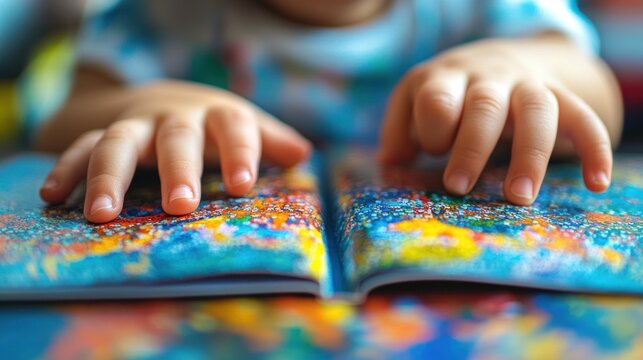 Little fingers trace the vibrant patterns of a Braille-adapted book, discovering new worlds in a cozy classroom