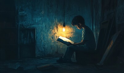 Fototapeta na wymiar Boy reading book under a single light bulb.