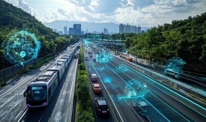 Fototapeta premium Smart city with futuristic traffic and technology.