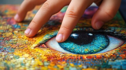 A young child runs fingers across a colorful Braille-adapted surface, exploring texture and art