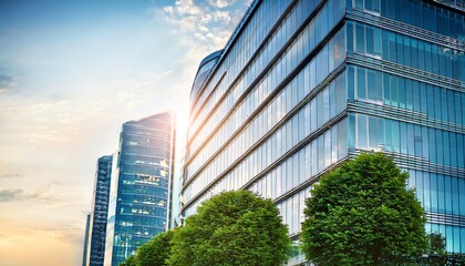 Obraz premium Modern glass buildings reflect sunlight, surrounded by lush greenery, showcasing a blend of nature and urban architecture.